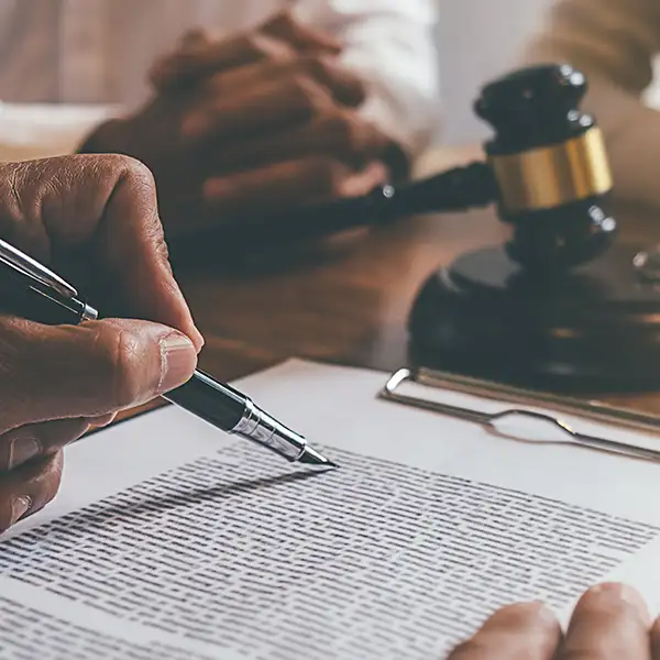 Man signing papers with pen with gavel in background