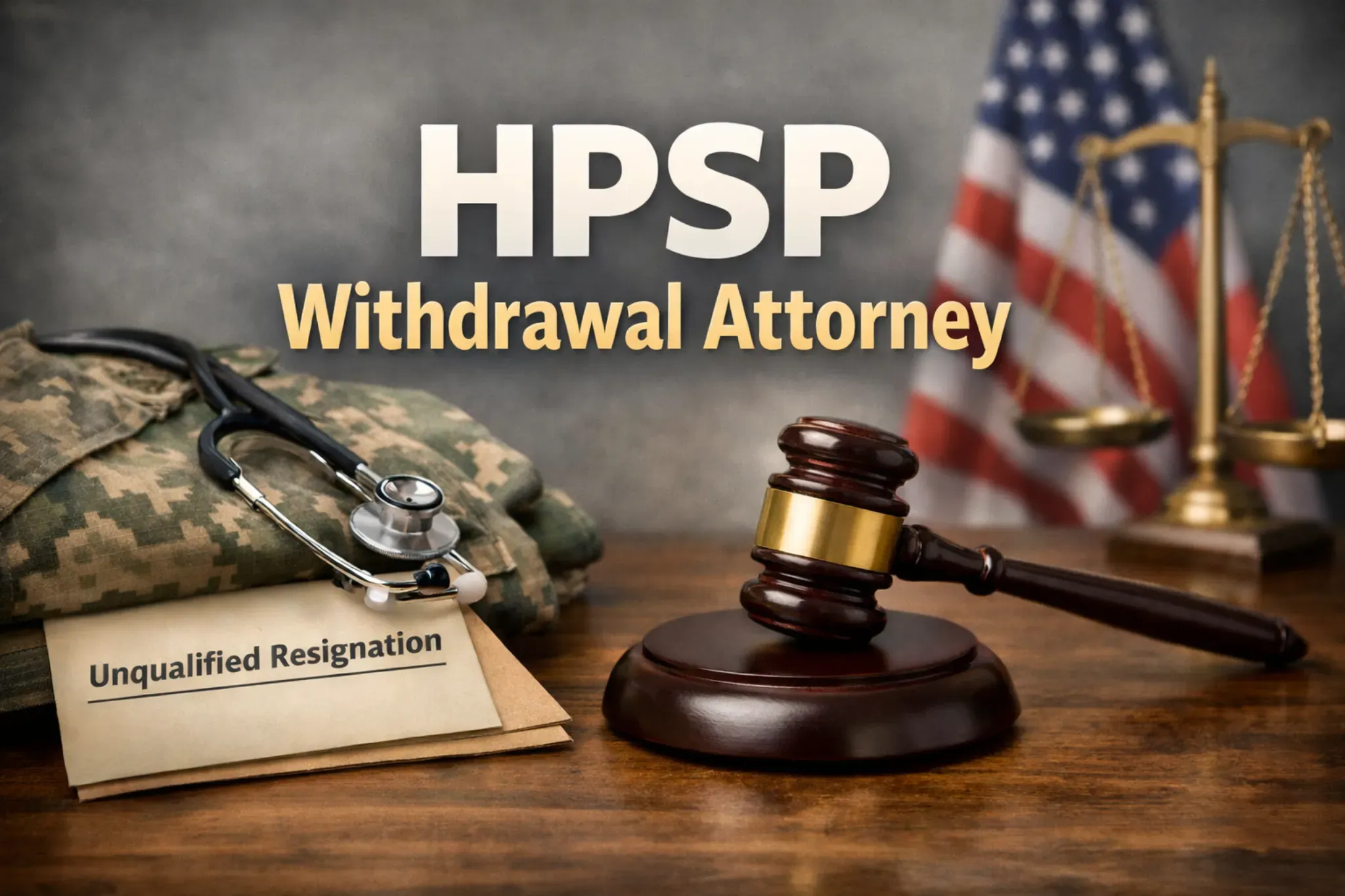 HPSP withdrawal attorney featured image showing military medical uniform, stethoscope, legal gavel, and scales of justice representing legal help with HPSP withdrawal and unqualified resignation matters