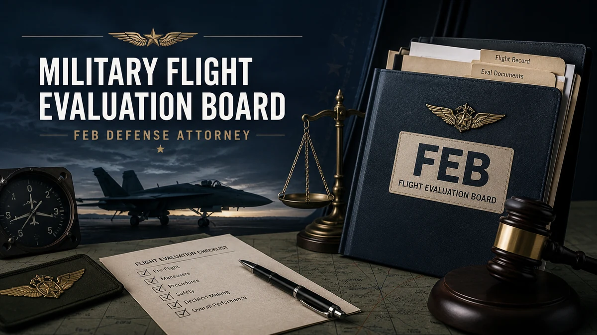 Military Flight Evaluation Board defense attorney concept with FEB folder, flight records, scales of justice, gavel, and military aircraft