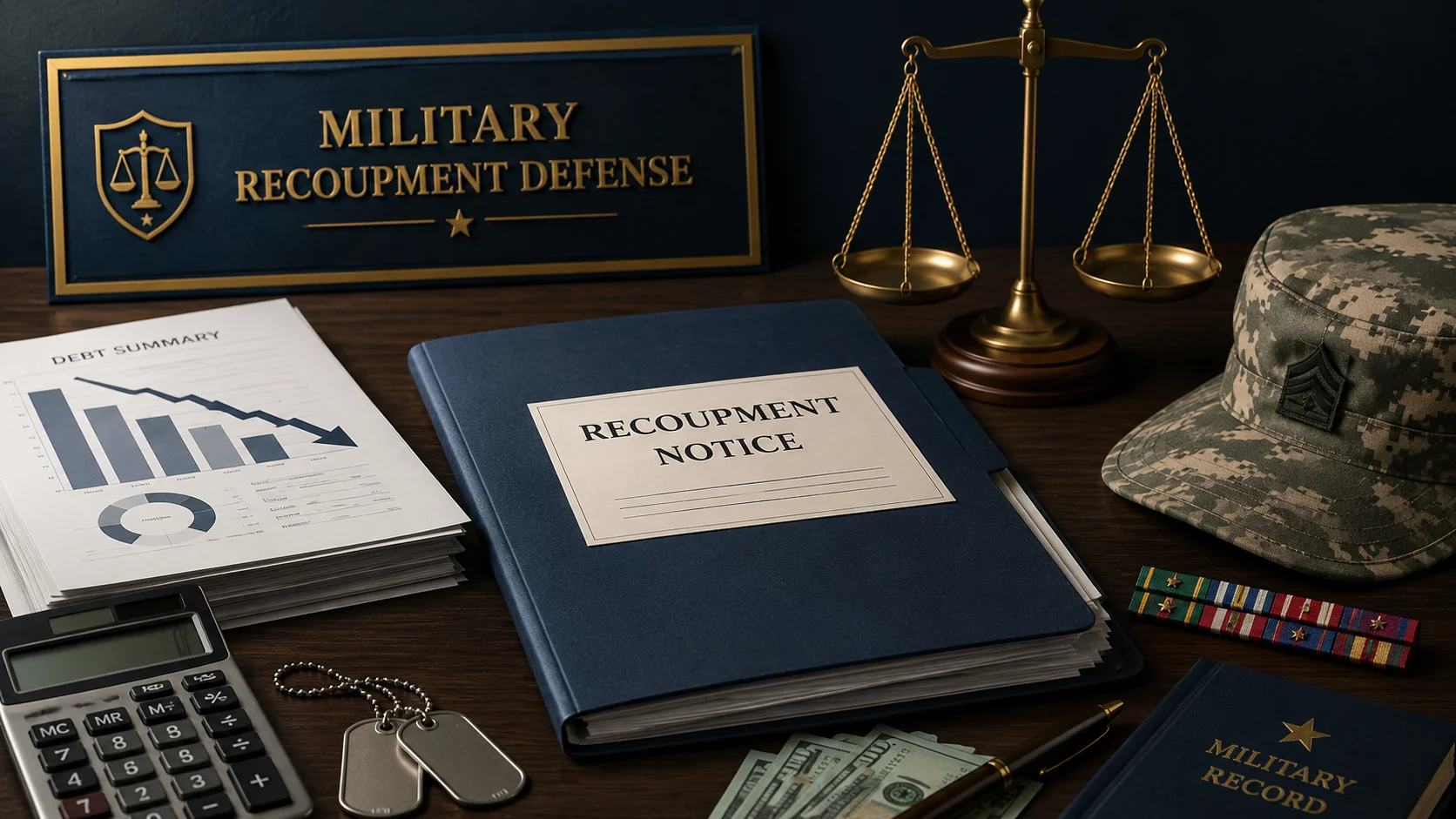 Military recoupment defense attorney concept with recoupment notice, debt summary, scales of justice, calculator, and military records on a legal desk